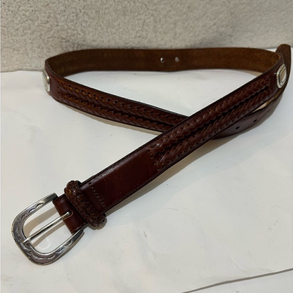 Brighton Mens  Brown Leather braided Belt Silver Buckle Size 40